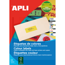 BOITE 100 ETIQUETTES MULTI-USAGES A4 210X297MM JAUNE FLUO REFERENCE APLI 100754