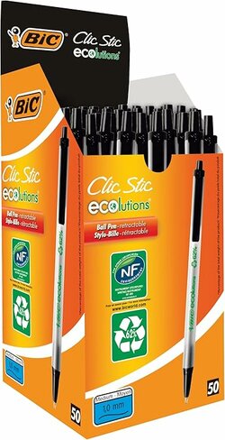 STYLO BILLE NOIR BIC CLIC STIC ECOLUTIONS RETRACTABLE POINTE 1 MM