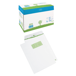 BOITE 250 POCHETTES GAMME RECYCLEE EXTRA BLANC 100% 90G FORMAT C4 229X324MM A FENETRE 110X50MM AUTOADHESIVE BLANC