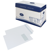 BOITE 250 POCHETTES BLANCHES GAMME SUPERIEURE 90G FORMAT C4 229X324MM A FENETRE 110X50MM VELIN AUTOADHESIVE BLANC